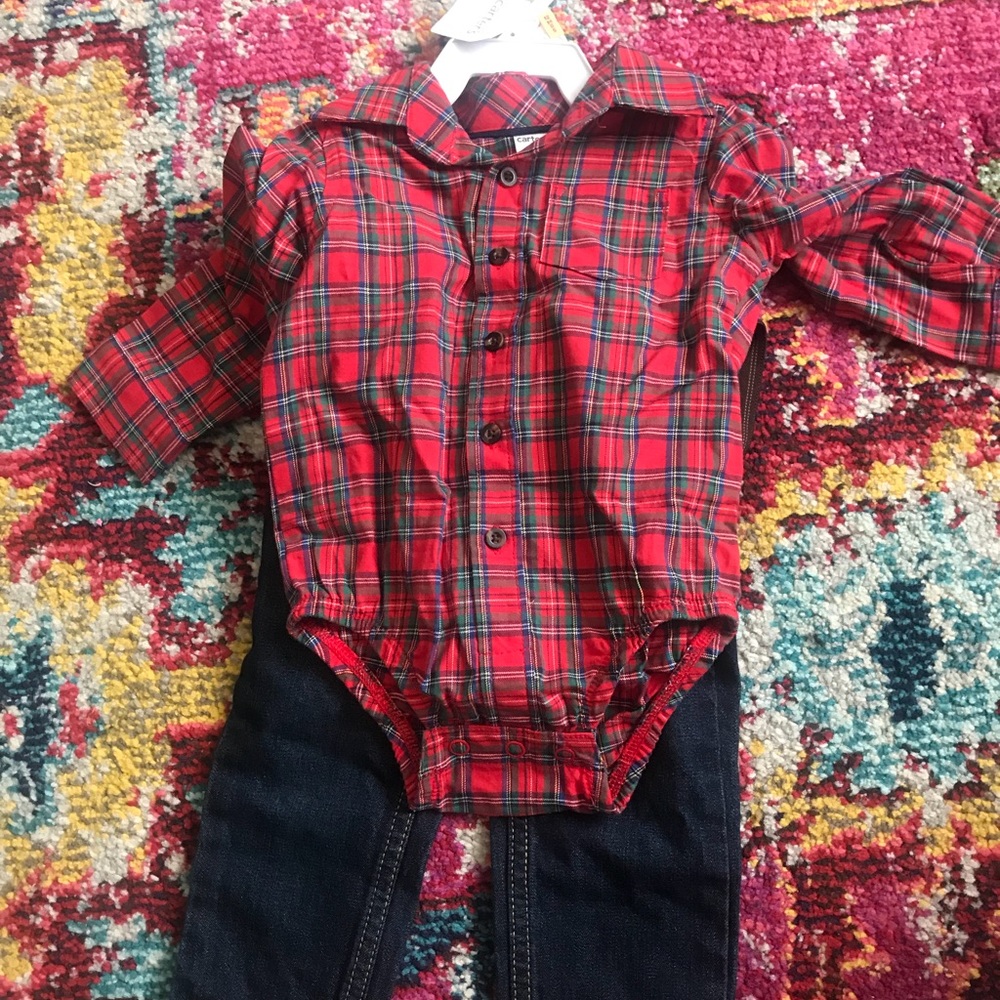 Carter’s new 12m suspender jeans & button down.